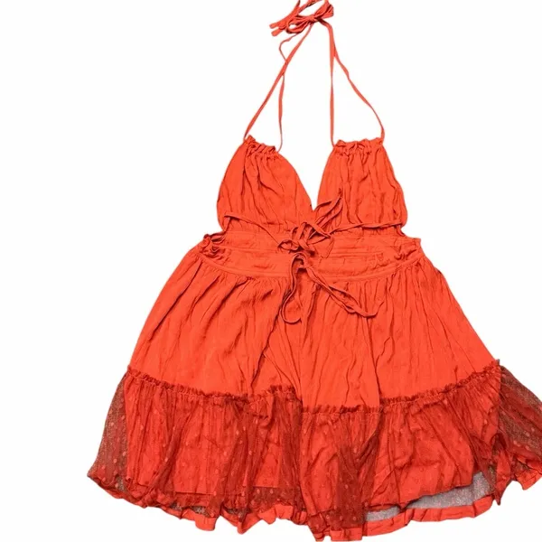 Halter Babydoll Mini Dress Boho Mesh Swiss Dot Hem Small Red Orange - Image 11