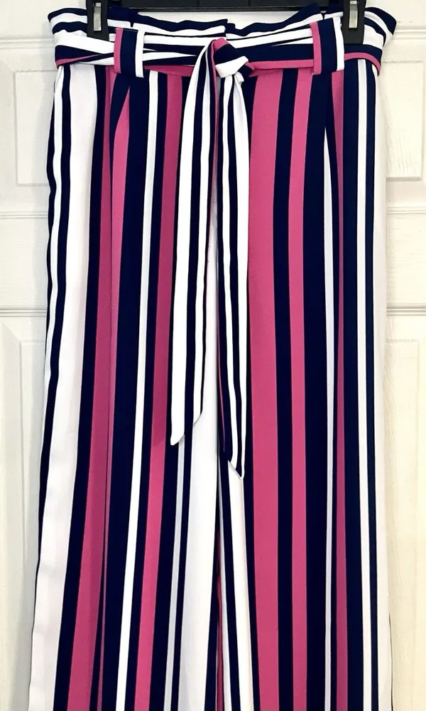 Express SzM High Rise Striped Paperbag Wide Leg Pants Pink Navy White - Image 6