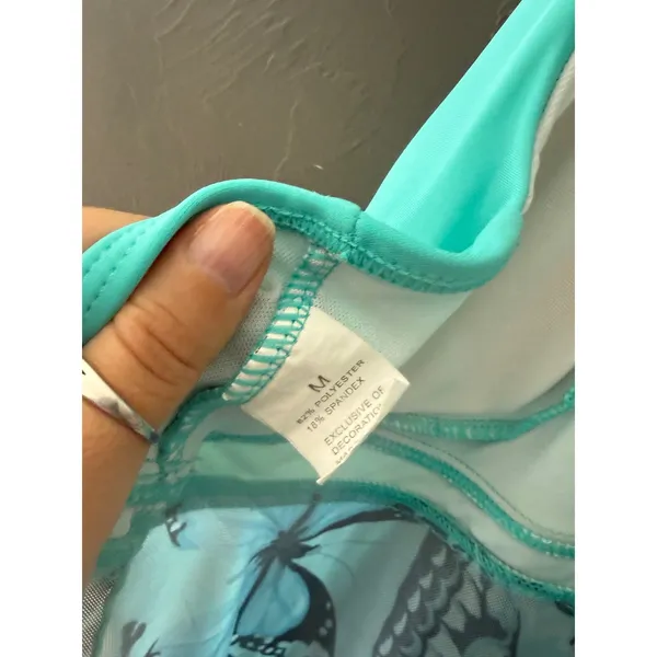 Turquoise Butterfly Print Halter Swim Dress‎ Gold Hardware Mesh Skirt Medium - Image 5
