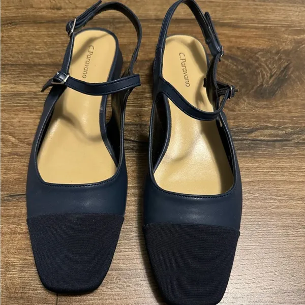 C.Paravano Navy Leather Square Toe Slingback Flats Blue Size 9 - Image 6