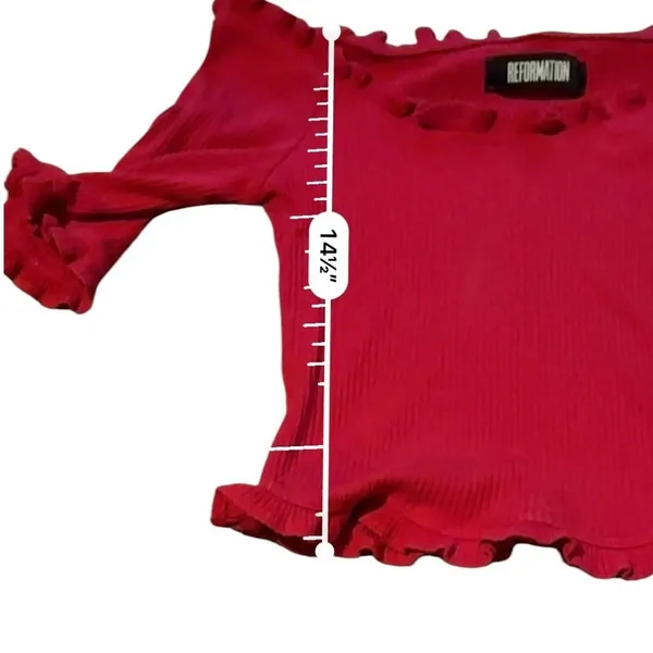 Reformation Ribbed Off Shoulder Crop Top Womens S‎ Red Lettuce Trim Fitted - Image 7