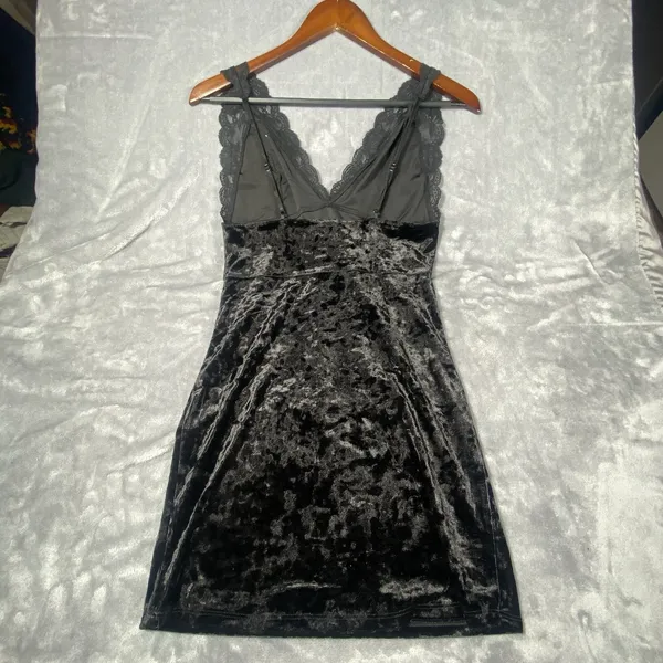 Free People Black Velvet Tank Top mini dress Small Babydoll Lace Romantic Whimsy - Image 9