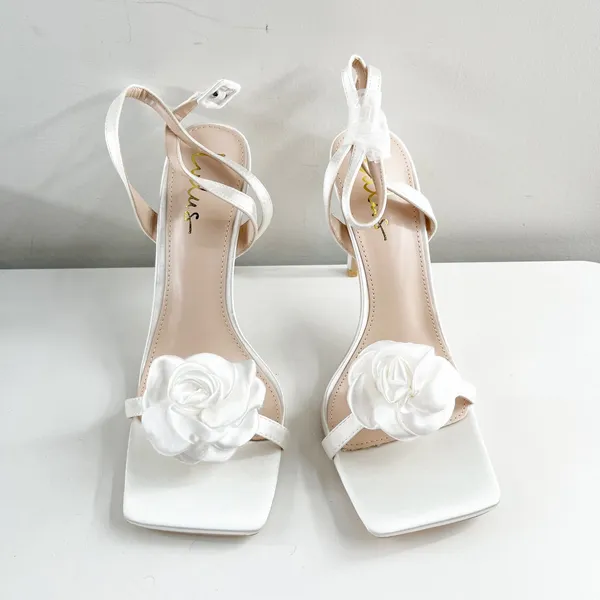 Lulus Aerianna Satin Floral Rosette Ankle Strap Square Toe Sandals White 8 - Image 4