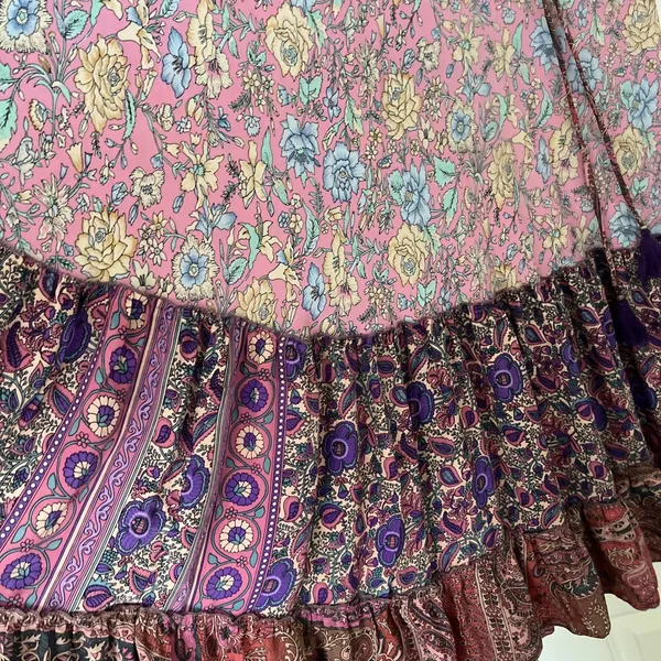 Gold & Silver Paris Floral Boho Maxi Skirt Size Small Pastel Paisley Peasant - Image 2