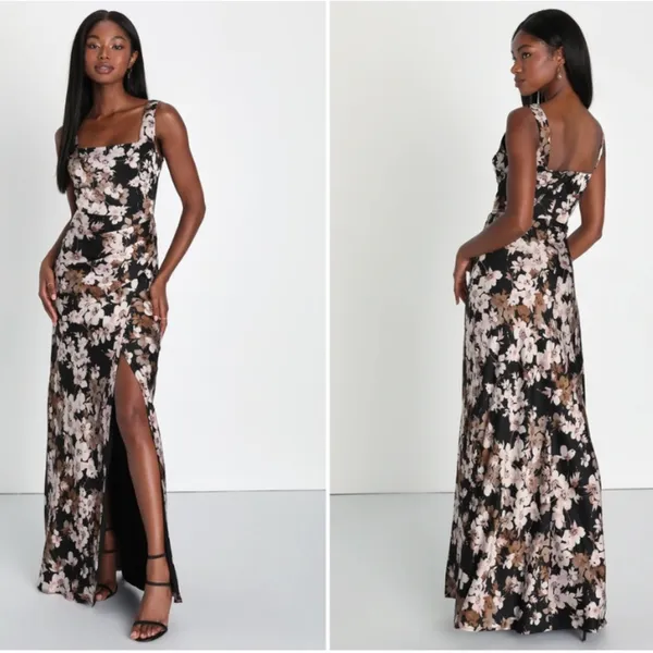 LULU's Floral Sexy Romantic Flowy Floral Wedding Formal Event Satin Maxi Dress - Image 2