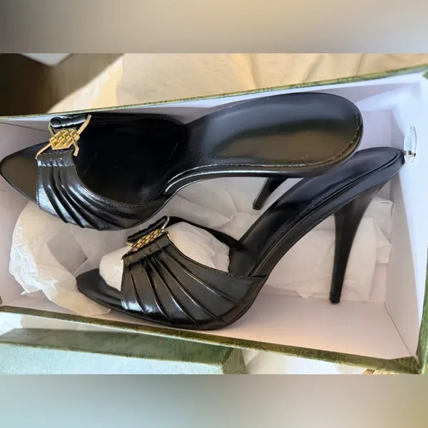 NEW Mules Heeled Sandals Vegan Leather High 3.5in Heels Pointed Peep Toe 7 - Image 4