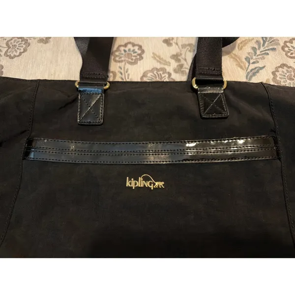 Kipling Tote Bag Womens Large Black Nylon Patent Trim Gold Hardware Multi Pocket - Image 2