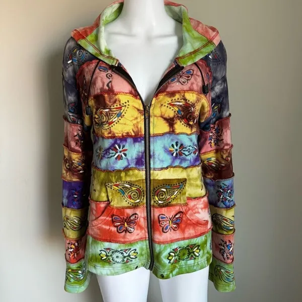Rainbow Patchwork Boho Hippie Tie Dyed Full Zip Hoodie Women’s Size M/L - Image 2