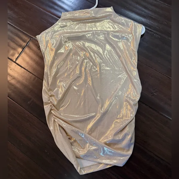 Maeve for Anthropologie Mock Neck Ruched Gold Shine Top M - Image 4