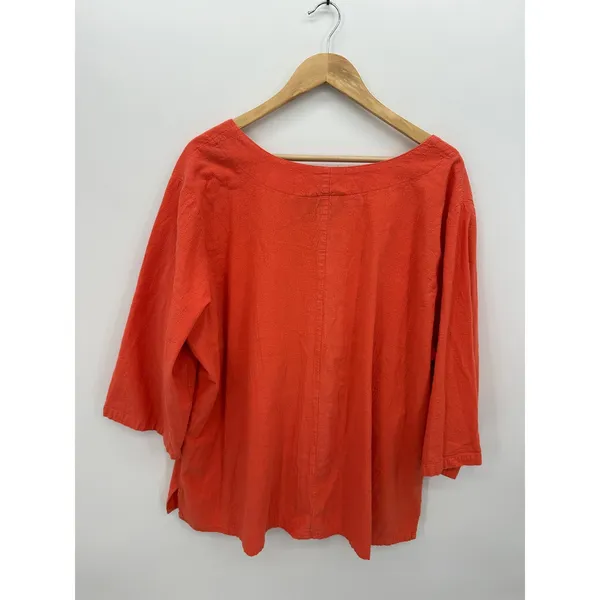 Lagenlook Woman 3X Coral Orange Cotton Tunic Crochet Fish Applique 3/4 Sleeve - Image 2