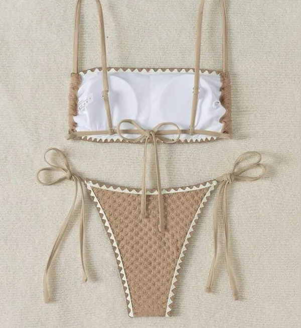 SHEIN Sawtooth Trim Textured Bikini Set, Khaki/Tan, Size L, NWOT - Image 2
