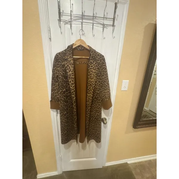 Zara Join Life Leopard Print Faux Leather Overcoat M Open Front Lined Pockets - Image 3