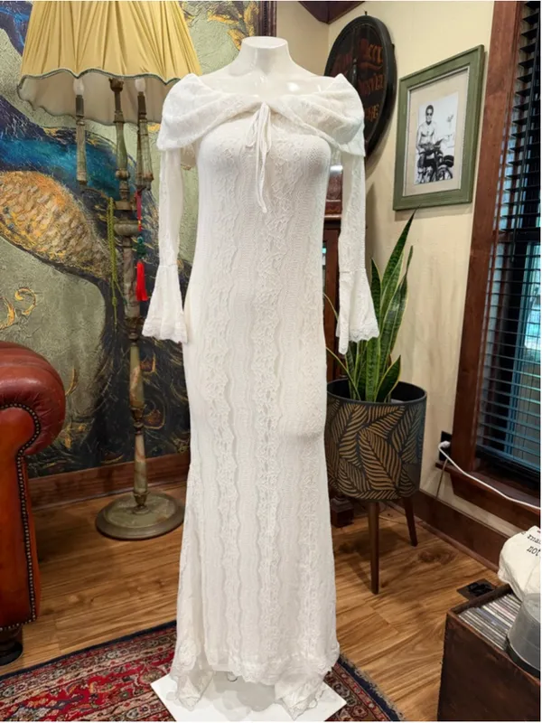 White Lace Off Shoulder Maxi Dress Bell Sleeve Wedding Bridal Slit Boho Medium - Image 2