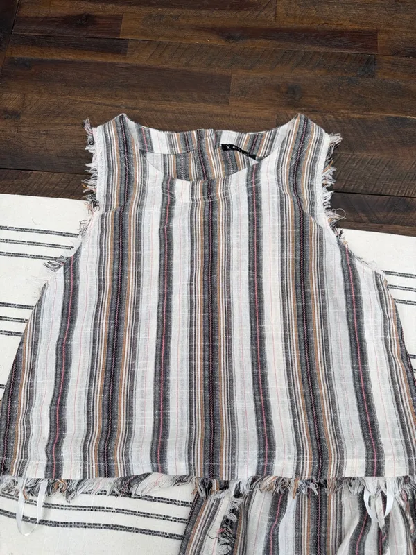 Very J Striped Frayed Two-Piece Shorts Set in Ivory, Black, Tan - Image 3