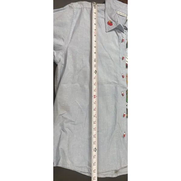 90s Teacher Embroidered School Theme Dressbarn Blue Button Up Long Sleeve Top L - Image 8