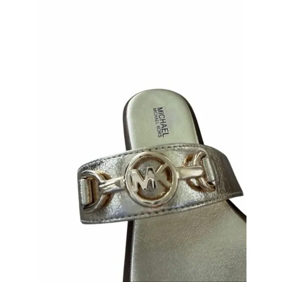 Michael Kors Gold Metallic Leather Logo Slide Sandals Size 8M - Image 5