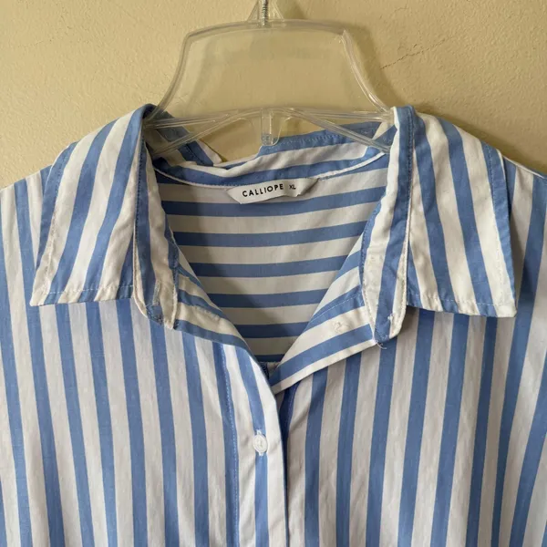 Blue White Striped Sleeveless Button Front Drawstring Midi Dress XL Coastal - Image 2