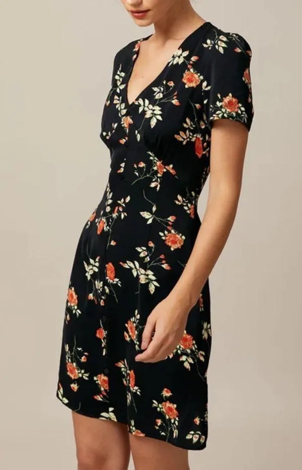 Rihoas Black V Neck Floral Button Up Mini Dress - Image 5