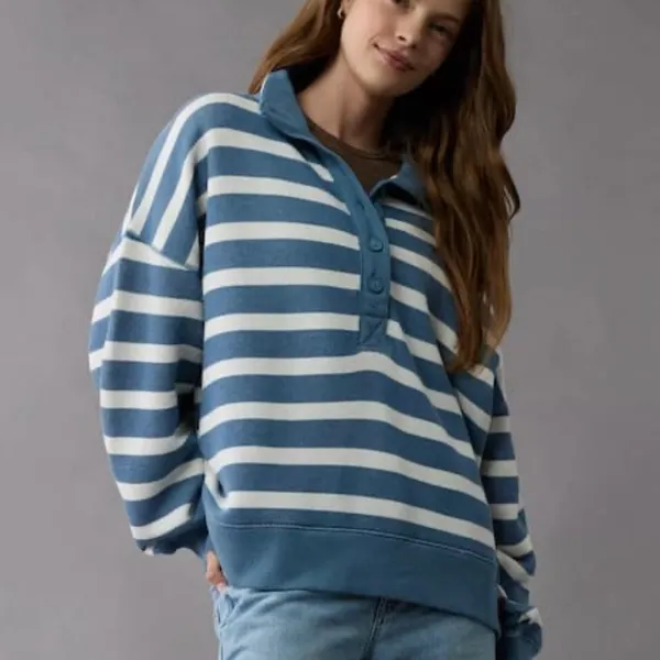 American Eagle Women’s Big Hug Henley Sweatshirt Blue Breeze‎ Stripe Coastal XS - Image 7