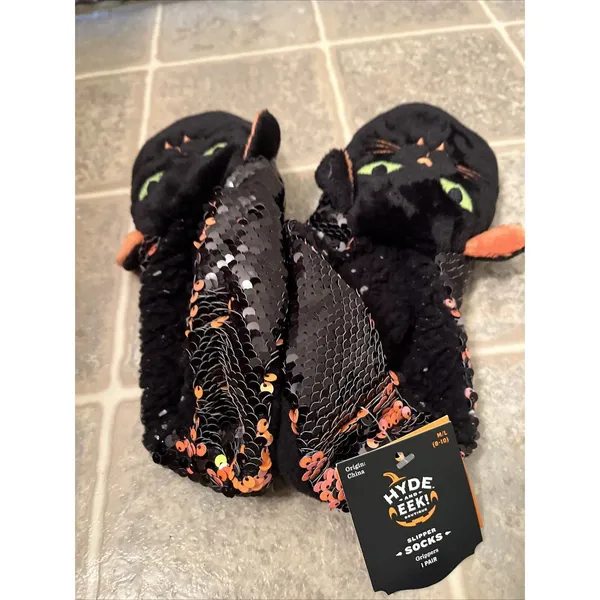 Hyde and EEK Women's Cat Flip Sequin Halloween Slipper Socks Grippers M-L 8-10 - Image 8