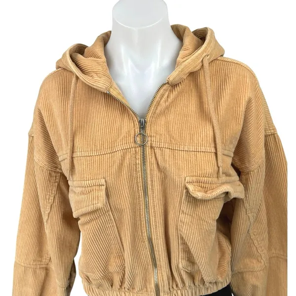Urban Outfitters BDG Tan Corduroy Zip Up Hooded Hoodie Crop Bomber Coat Jacket M - Image 3