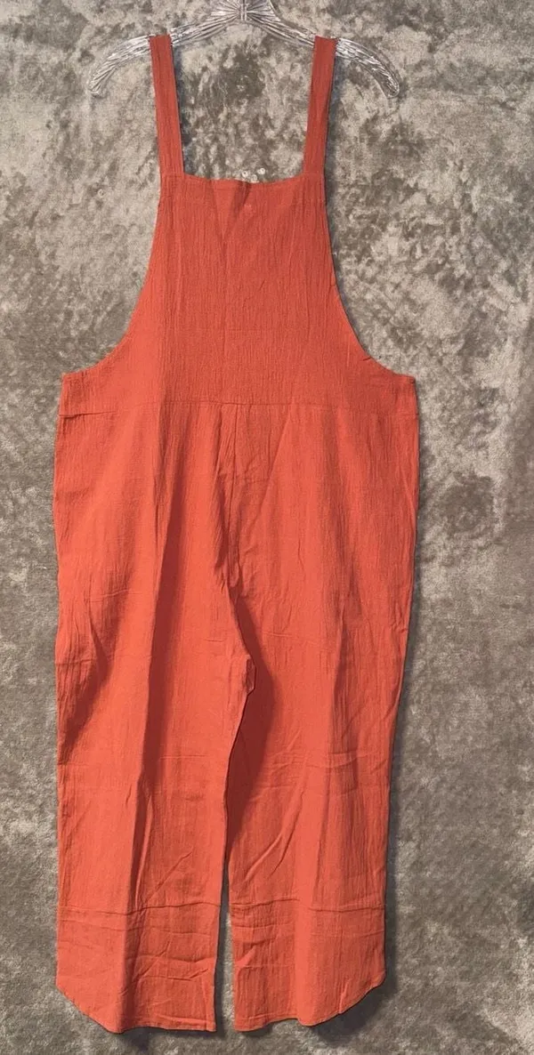 Heyson Yankee Doodle Crinkle Cotton Wide Leg Overalls Jumpsuit in Rust - Image 2