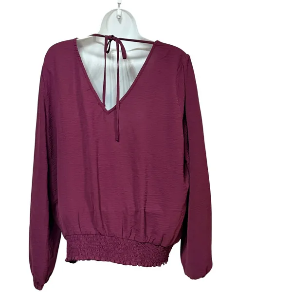 Mine Britton Womens XL Plum V-Neck Smocked Hem Tie Back Long Sleeve Blouse - Image 2