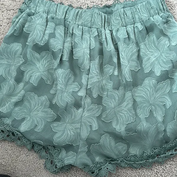 Sage green dressy shorts with lace trim - Image 4