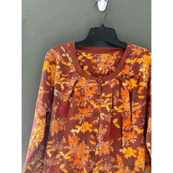 North River Outfitters Womens L Brown Orange‎ Leaf Print Cotton Button Top Fall - Image 2