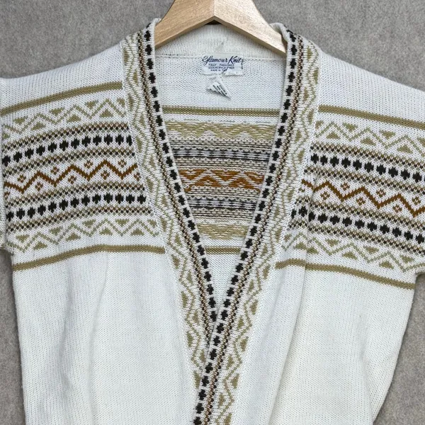 Glamour Knit Vintage Fair Isle Cardigan Sweater White Brown Geometric Belted M - Image 4