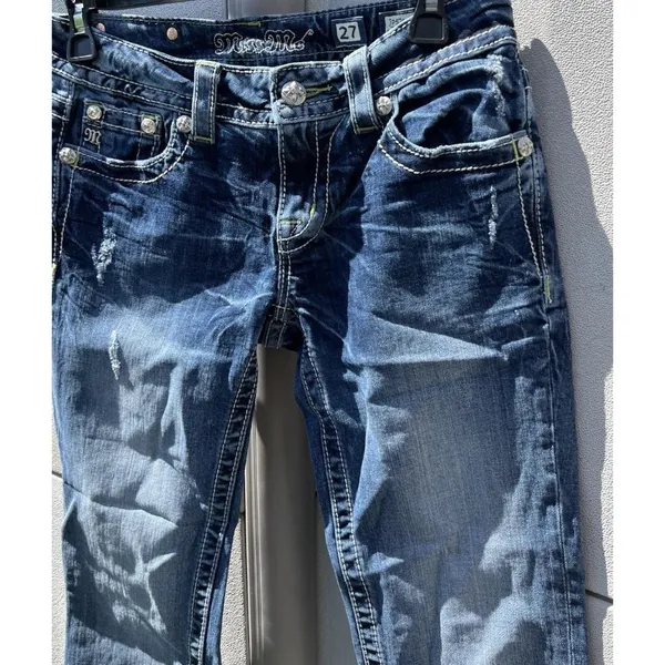 Miss Me Jeans Womens 27 Low Rise Signature Boot Cut Distress Beaded Embroidered - Image 5