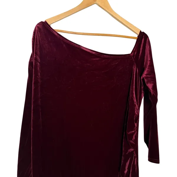 Universal Standard Wine Red Velvet Asymmetrical Off Shoulder Long Sleeve Dress L - Image 2