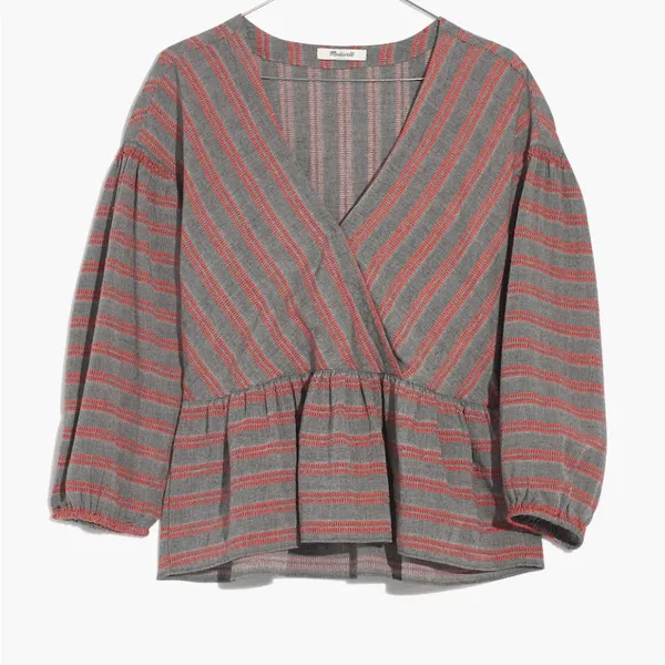 Madewell Striped Bubble-Sleeve Peplum Top V-Neck Size L - Image 4