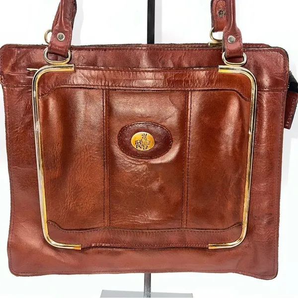 Vintage Don Quixote Brown Leather Satchel Purse w/Gold Trim Top Zipper Closure - Image 2