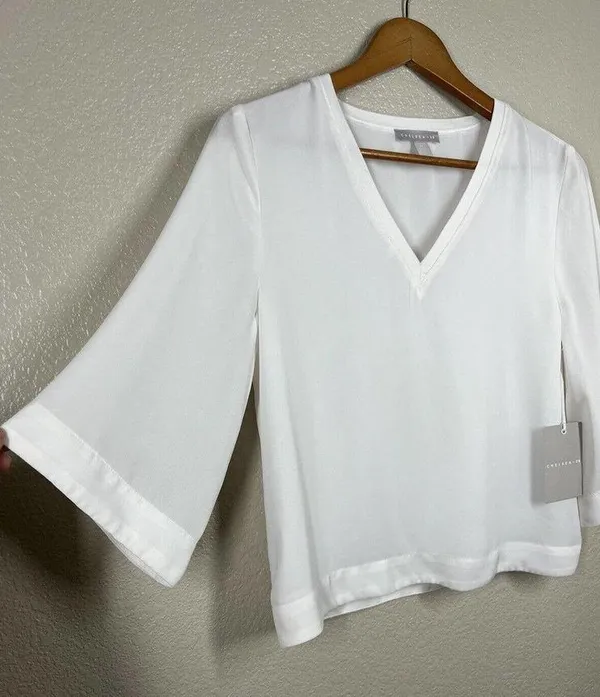 Chelsea28 XS Ivory Rib Trim Top V- Neck Flowy - Image 3