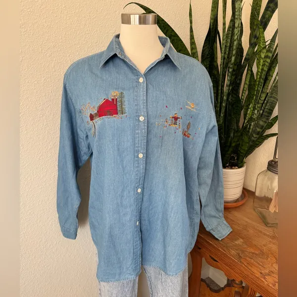 Vintage Woolrich Chambray Shirt M – Embroidered Barn Fall‎ Farmhouse Scene - Image 7