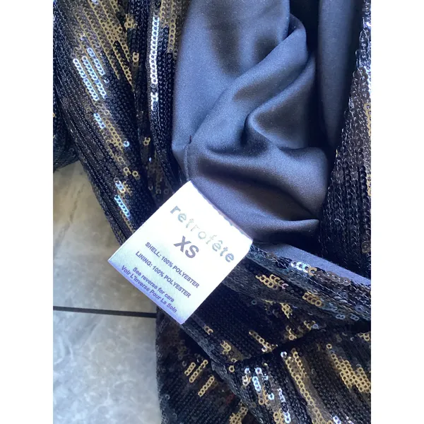 Retrofete Black Sequin Long Sleeve V-Neck Romper XS Party Event - Image 7
