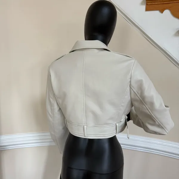 Leather Moto Jacket Crop Faux Motorcycle Jacket Belted Crop Coat Trench Cardigan - Image 5