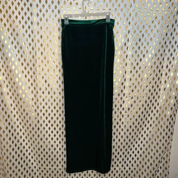 Boho Asymmetrical Velvet High Waisted Bodycon Draped Maxi Skirt Dark Green S - Image 4