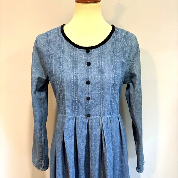 VTG Blue Denim Maxi Dress Long Sleeve Pleated Modest Farm Tradwife, Size 8 - Image 3