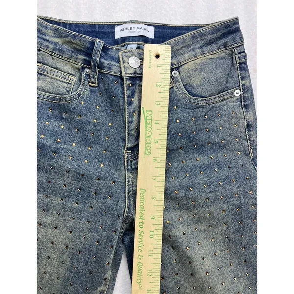 Ashley Mason‎ Flare Jeans Womens 1/25 Blue Rhinestone Embellished Y2K - Image 4