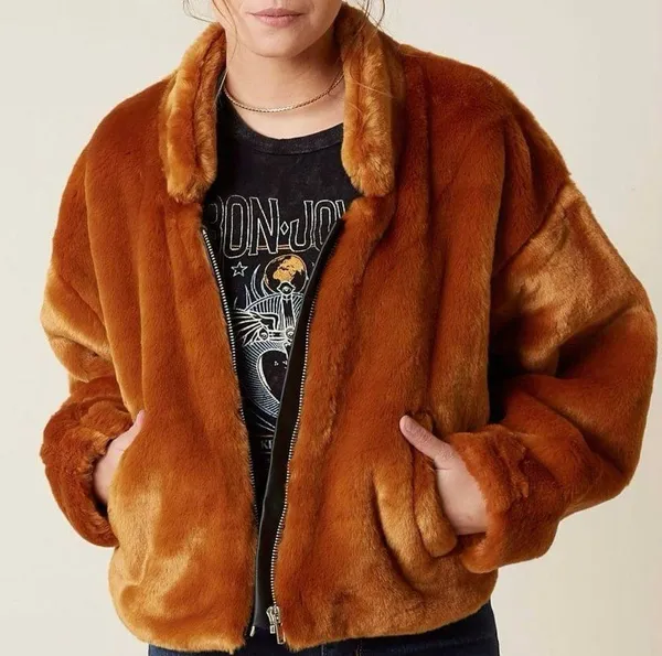 Free People $168 Faux Fur Furry Bomber Jacket Terracotta Golden Brown Size S - Image 2