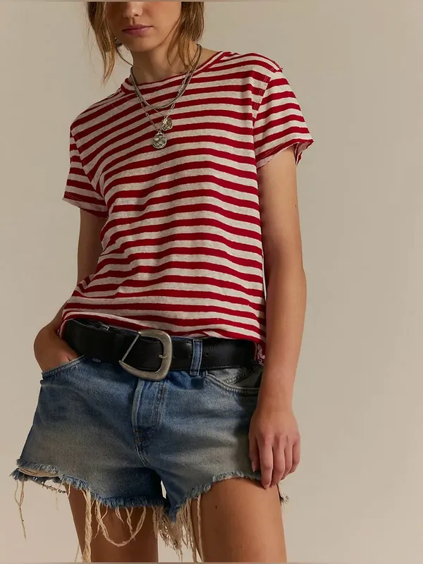 NWT Free People We The Free Nora Striped Linen Tee - Red Combo - XL - Image 3