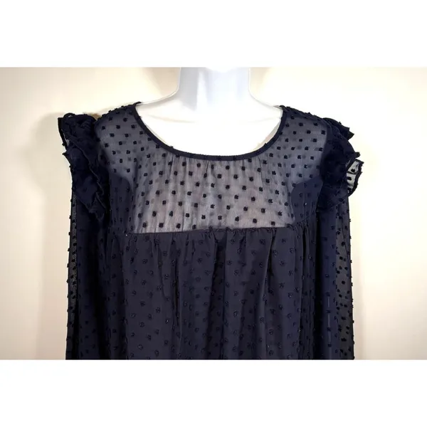 Sheer Navy Blue Dotted Tier Ruffle Dress Long‎ Sleeves Size L Romantic Whimsy - Image 6