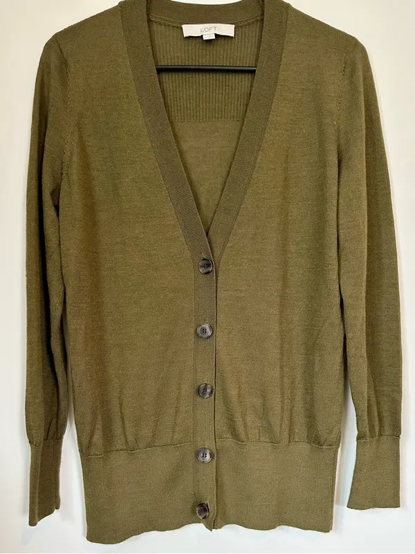 LOFT Olive Green V-Neck Button Wool Blend Cardigan - Size: Medium - Image 6