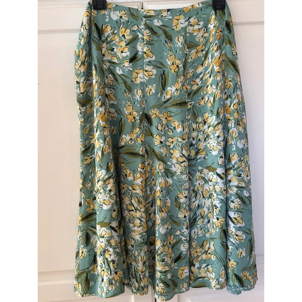 Reversible Floral and Polka Dot Midi Skirt Sage Green Yellow A-Line Side Zip - Image 3