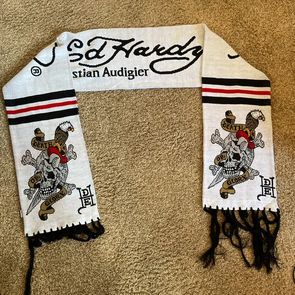 Ed Hardy Christian Audigier White Scarf Death or Glory Skull Graphic Fringe - Image 4