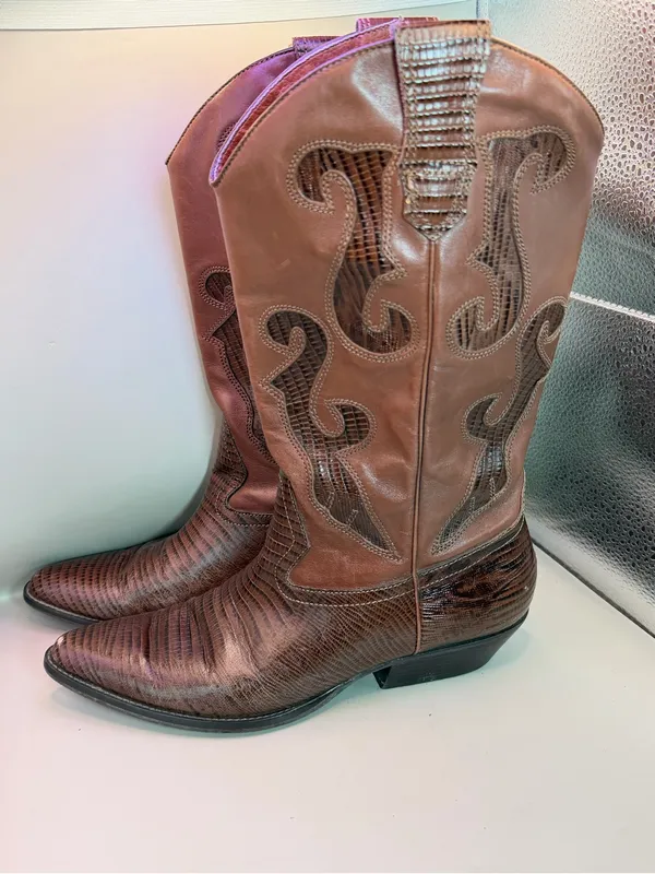 Nine West Romnee Brown Lizard Leather Cowboy Boots Sz 8 Made Brazil - Image 10
