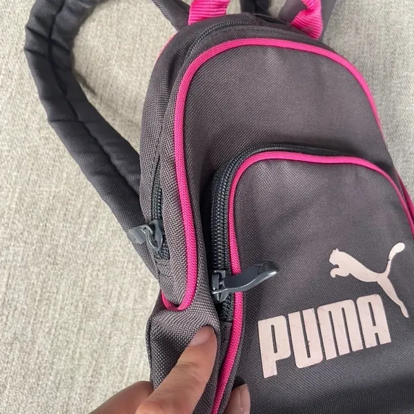 Puma Mini Backpack Gray Pink Logo School Travel‎ Bag Zippered Pockets Compact - Image 2