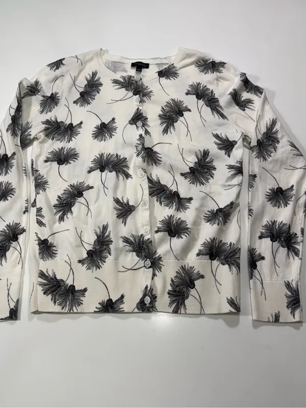Talbots Cream Cardigan Sweater with Black Floral Print Size Small - Image 2